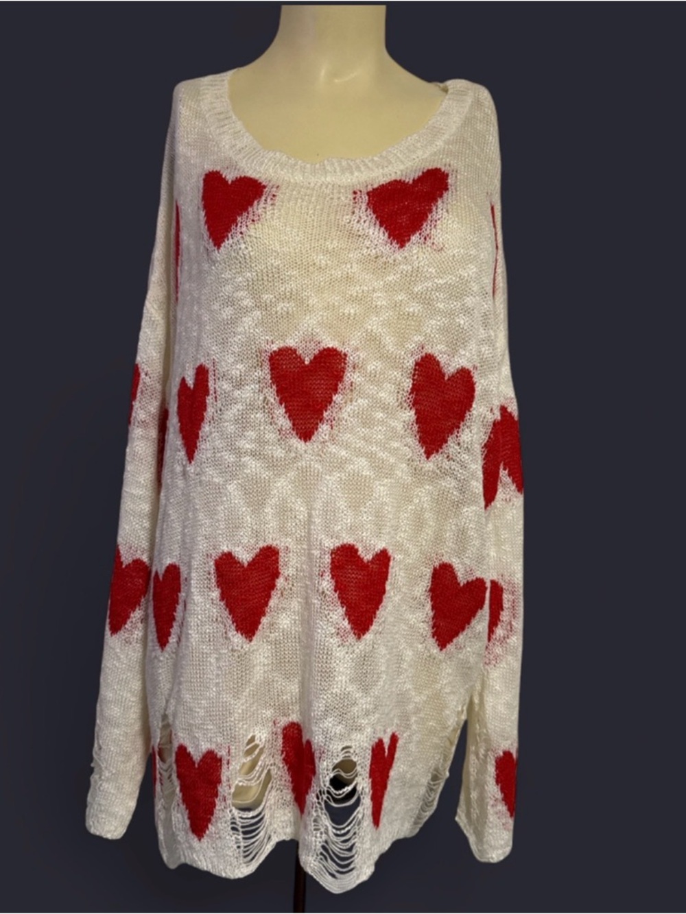 Cream Knit Sweater with Red Heart Pattern